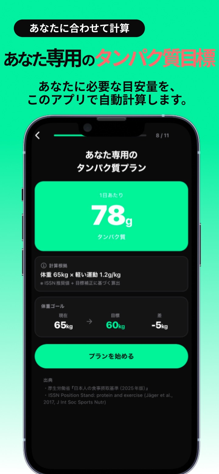 あなた専用のタンパク質プラン画面。1日の目標量を体重と運動量から自動計算