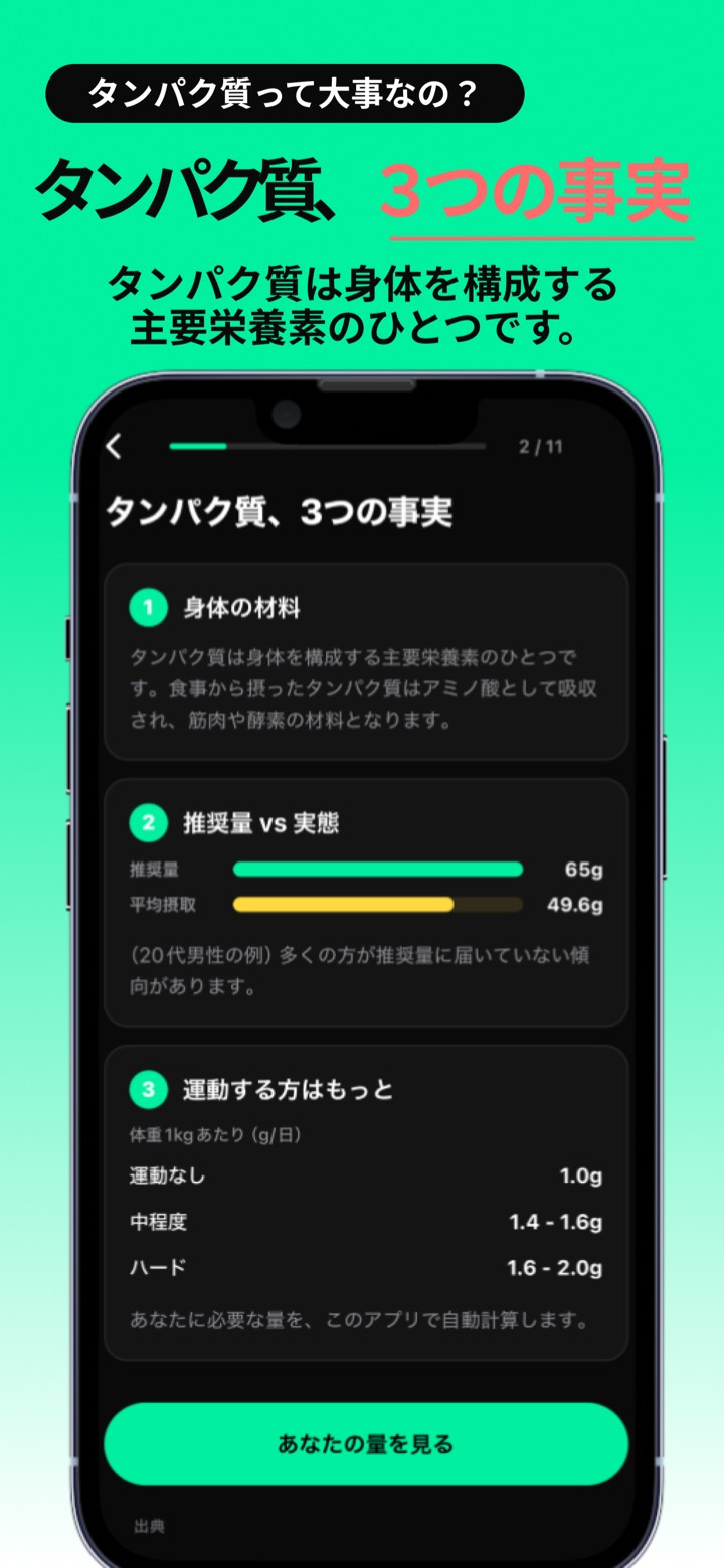 オンボーディング画面。タンパク質に関する3つの事実と推奨量をわかりやすく解説